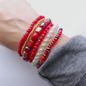 Stacked Glass Red Beaded Bracelet Set | Holiday Seed Bead Stretch Bracelet | Gift for Mom, Women, Teen