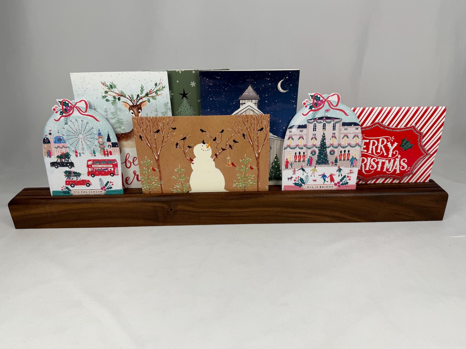 Solid Wood Greeting Card Holder, Rustic Farmhouse Mantel Display, Walnut Ash Oak Hardwood - 24 inchs long, Walnut