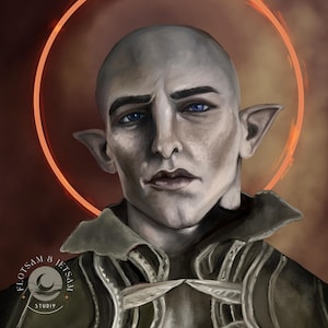 Puede incluir: Un retrato de una persona calva de piel pálida, con orejas puntiagudas y ojos azules. La persona lleva una prenda de color marrón oscuro y gris con un patrón decorativo. El fondo es de color naranja y rojo borroso.