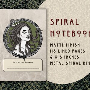 May include: A composition notebook with a matte finish and a metal spiral bind. The cover features a black and white illustration of Medusa with snakes in her hair. The notebook has 118 lined pages and measures 6 by 8 inches.
