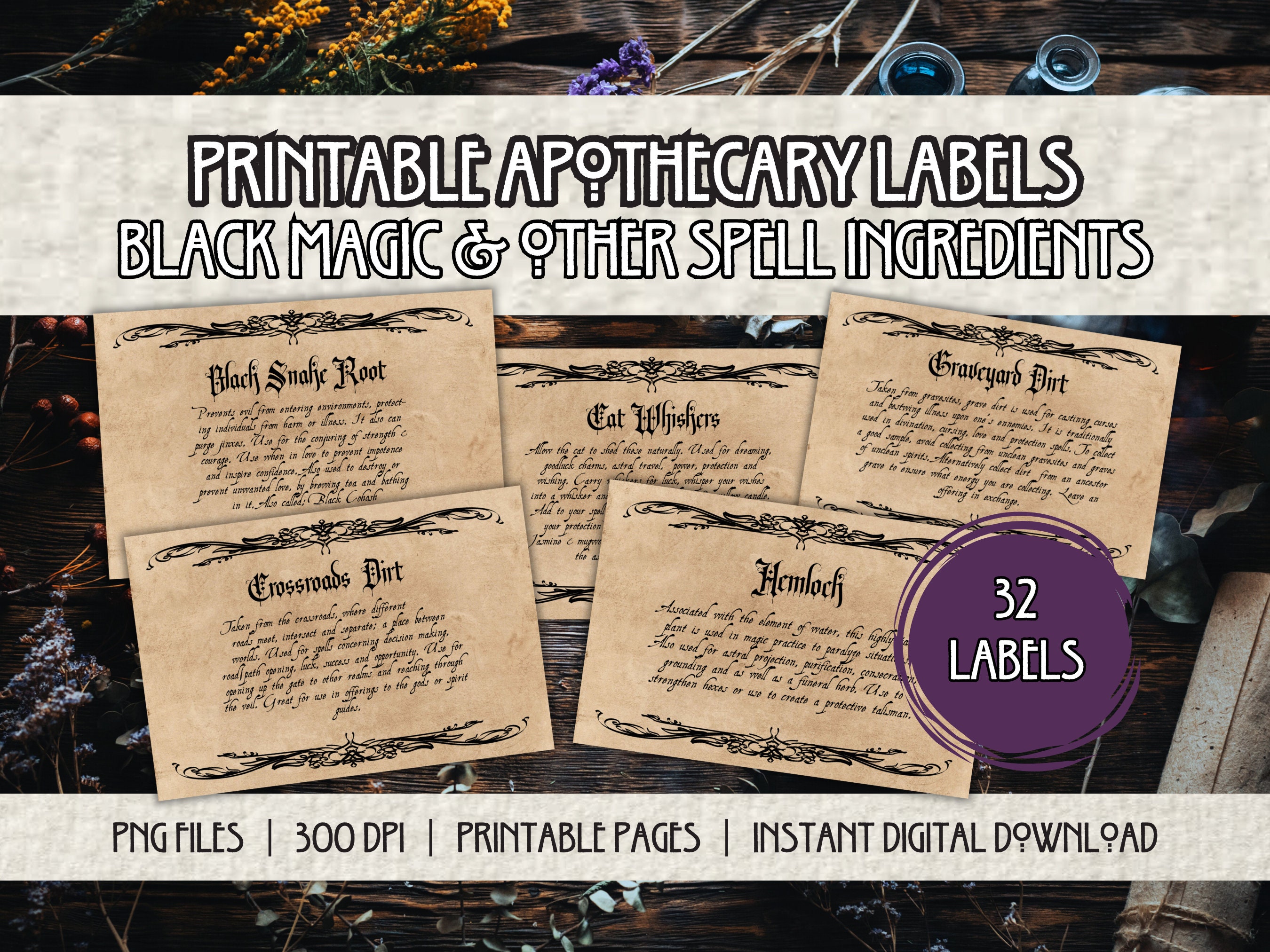 Spell Label 32 Black Magic Apothecary Labels: Printable Spell Ingredients (digital ...