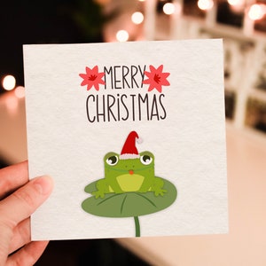 Cartões de Natal para impressão | Sapo bonito e almofada de lírio | cartão quadrado | 2PNG | Imprimir, cortar e dobrar | Download digital