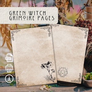 Puede incluir: Dos páginas imprimibles con papel rayado, un borde floral y un diseño de pentáculo. El texto "GREEN WITCH GRIMOIRE PAGES" está en la parte superior de la imagen. Las páginas están diseñadas para ser utilizadas como un grimorio de bruja.