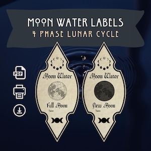 Etiquettes basiques imprimables Moon Water | Quatre phases de la lune | Téléchargement numérique | païen | Sorcière lunaire | Ressources pour les praticiens de la magie