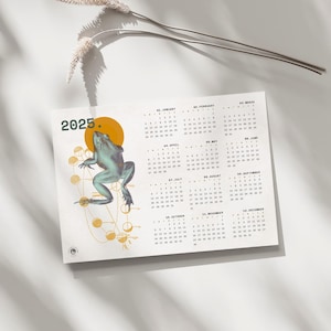 Calendário imprimível de 2025 em resumo | Design minimalista gráfico de sapo | Calendário de parede anual de paisagem | Tamanhos A4 e US Letter