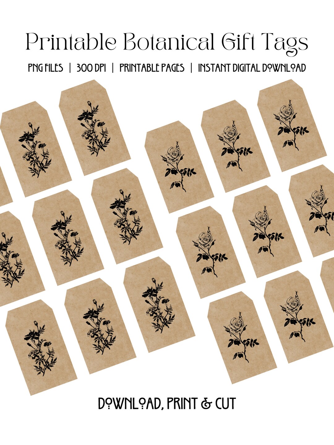 Printable Botanical Gift Tags Digital Download Print & Cut PNG and PDF