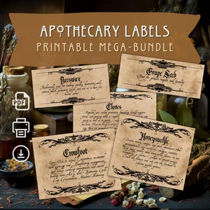PAQUETE DE VENTA: más de 350 etiquetas de boticario imprimibles, tarjetas con información sobre hierbas y especias, propiedades mágicas, ingredientes para pociones y archivos digitales