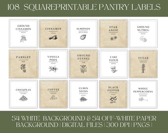 May include: A set of 108 printable pantry labels with a vintage aesthetic. The labels feature a variety of common pantry items, such as spices, herbs, and baking ingredients. The labels are designed with a white background and a brown paper texture.