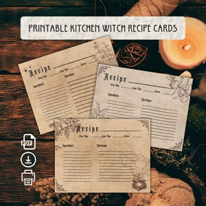 Cartões de Receitas de Bruxa de Cozinha para Imprimir | Fundo de Textura de Papel Vintage | Recursos de Bruxa | Arquivos PNG | 4,25 x 5,5 polegadas