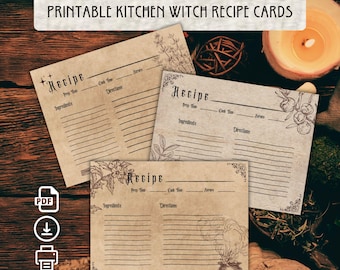 May include: Printable recipe cards with a vintage aesthetic. The cards are brown with black text and illustrations of herbs and a cauldron. The text on the cards reads "Recipe" and includes sections for "Prep Time", "Cook Time", "Servings", "Ingredients", and "Directions".