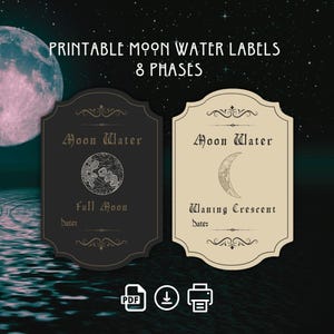 Étiquettes imprimables Moon Water | 8 phases lunaires (y compris les phases de transition) | Fichiers PNG | Téléchargement numérique | Étiquettes d'apothicaire Witchy