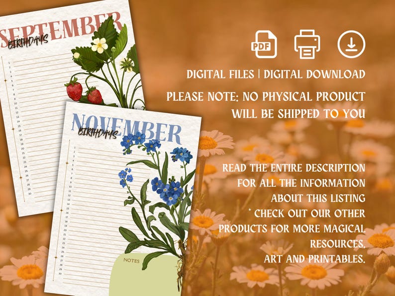 Printable Birthday Calendar | Botanical Illustrations, A4 Size ...