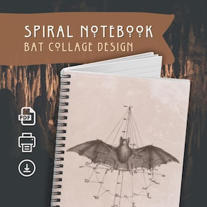 May include: Spiral notebook with a bat collage design. The cover features a sepia-toned illustration of a bat with outstretched wings, overlaid with geometric lines. The title "SPIRAL NOTEBOOK BAT COLLAGE DESIGN" is displayed in a banner.