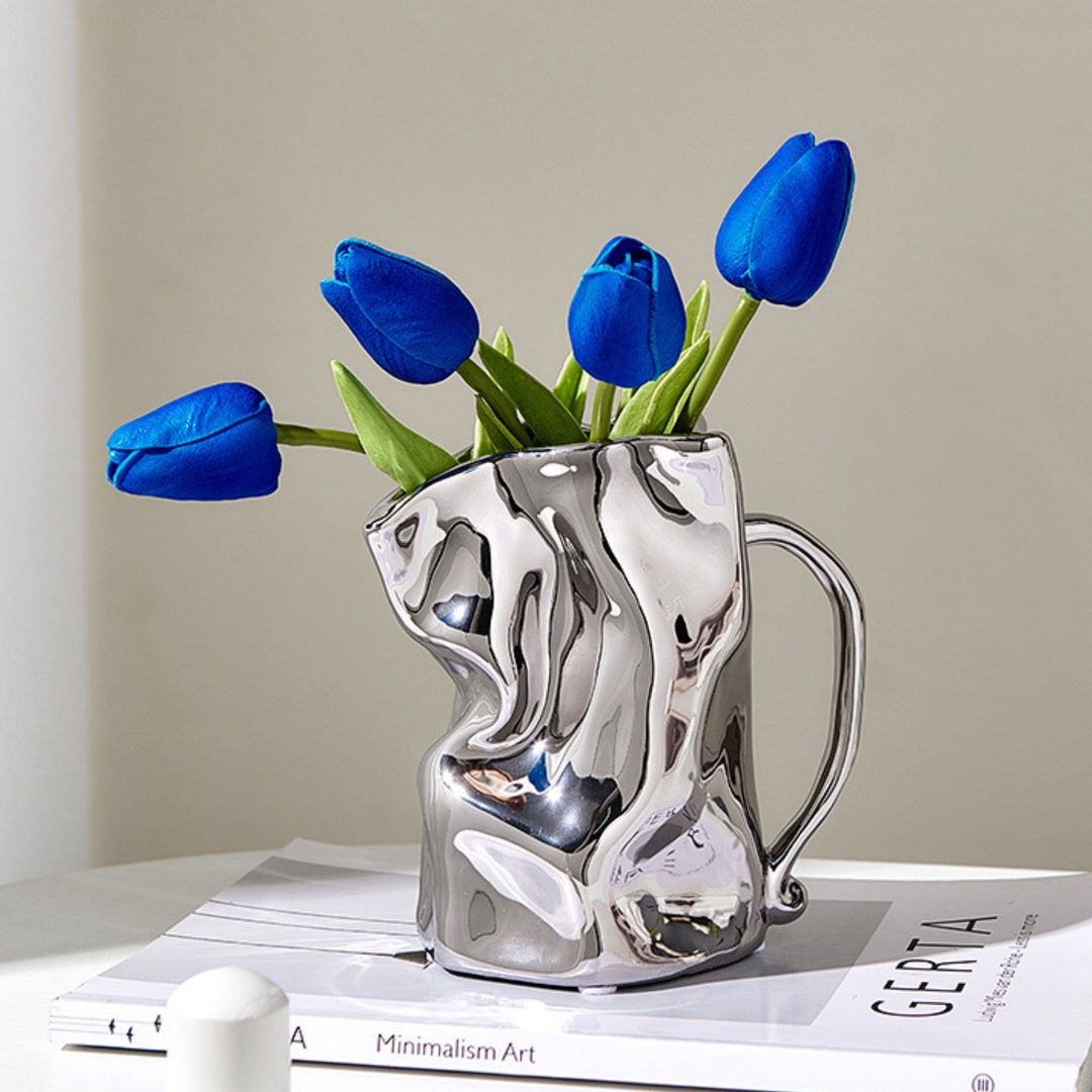 Ceramic Vase Pleated Nordic Style Flower Matte Vase Pot Silver Etsy