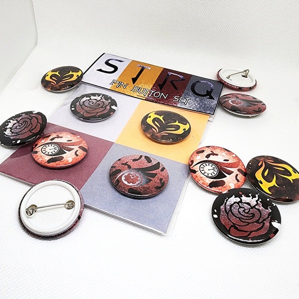 Team STRQ PIN Buttons SET 1.25" 32mm pinback button badge emblem pack Summer Rose, Taiyang, Raven and Qrow Branwen symbol pins collection