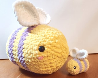 Handmade Big Squishy Crochet Bumblebee Plushie Cute Bumbleby Yellow and Purple fluffy soft honeybee amigurumi plush bee 3 sizes