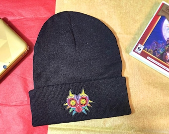 Majora's Mask Embroidered Beanie hat | Custom cozy winter knitted skull cap with TLoZ Skull Kid Majoras Mask