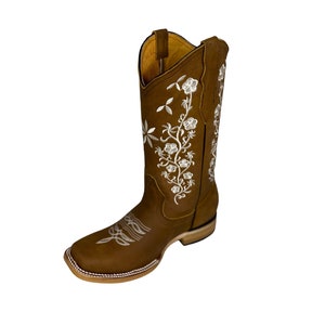 DAMES COWGIRL Laarzen western cowboy cowgirl vierkante neus echt leer honing bloemen geborduurde LAARZEN