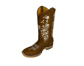 WOMENS COWGIRL Western Cowboy Cowgirl Square Toe Genuine Leather Honey Flowers Embroidered BOOTS