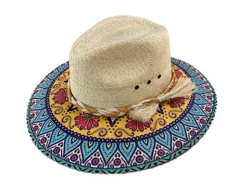 Stone Straw Explorer Hat with Floral Design on Brim for Women