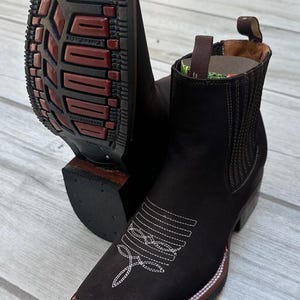 Botas vaqueras para hombre, de nobuck marrón, puntera cuadrada, botas cortas, suela de goma, nobuck Chelsea