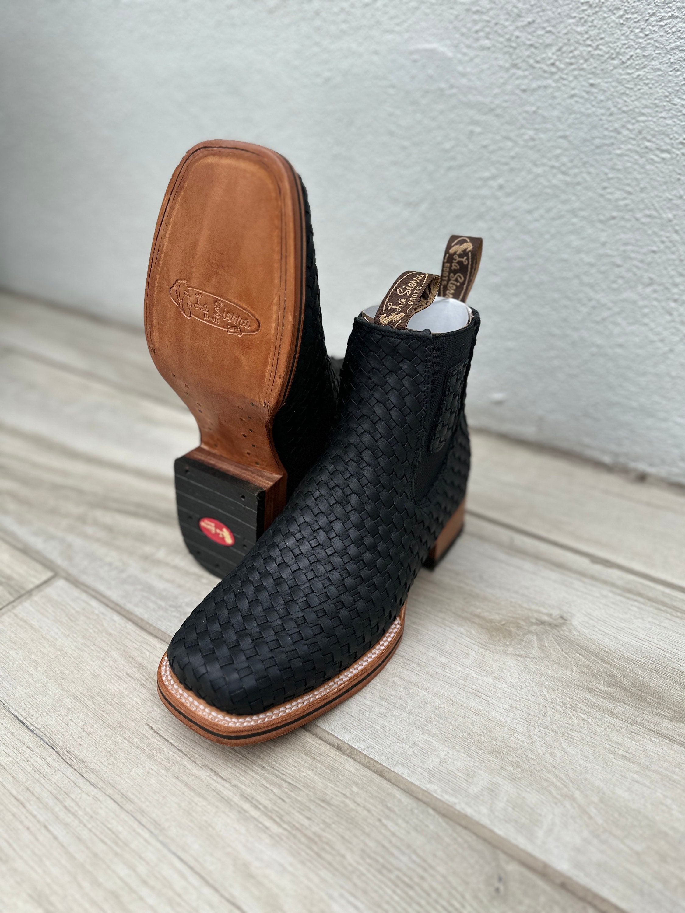 今期新作 10%off★Squaretoe Leather Sabot Men's Petatillo Woven Leather Square Toe Boots - Brown