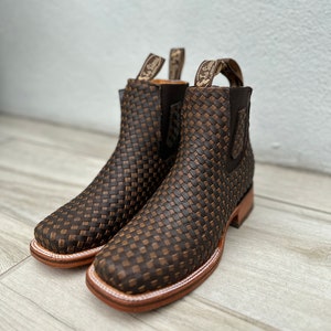 Botas vaqueras para hombre, color marrón y tostado, combinadas, Petatillo, botas de media caña de piel auténtica tejidas a mano, puntera cuadrada, boutines café y tostado combinado Chelsea