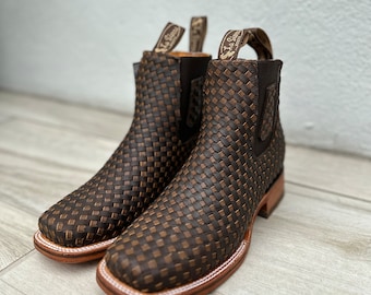 MENS COWBOY Brown and Tan combined Petatillo Hand Woven genuine leather square toe half boots boutines café y tan combinado