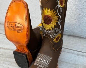 FRAUEN COWGIRL Stiefel authentische Sonnenblume Western Cowgirl Karree braun Leder Stiefel Rodeo Botas vaqueras para mujer
