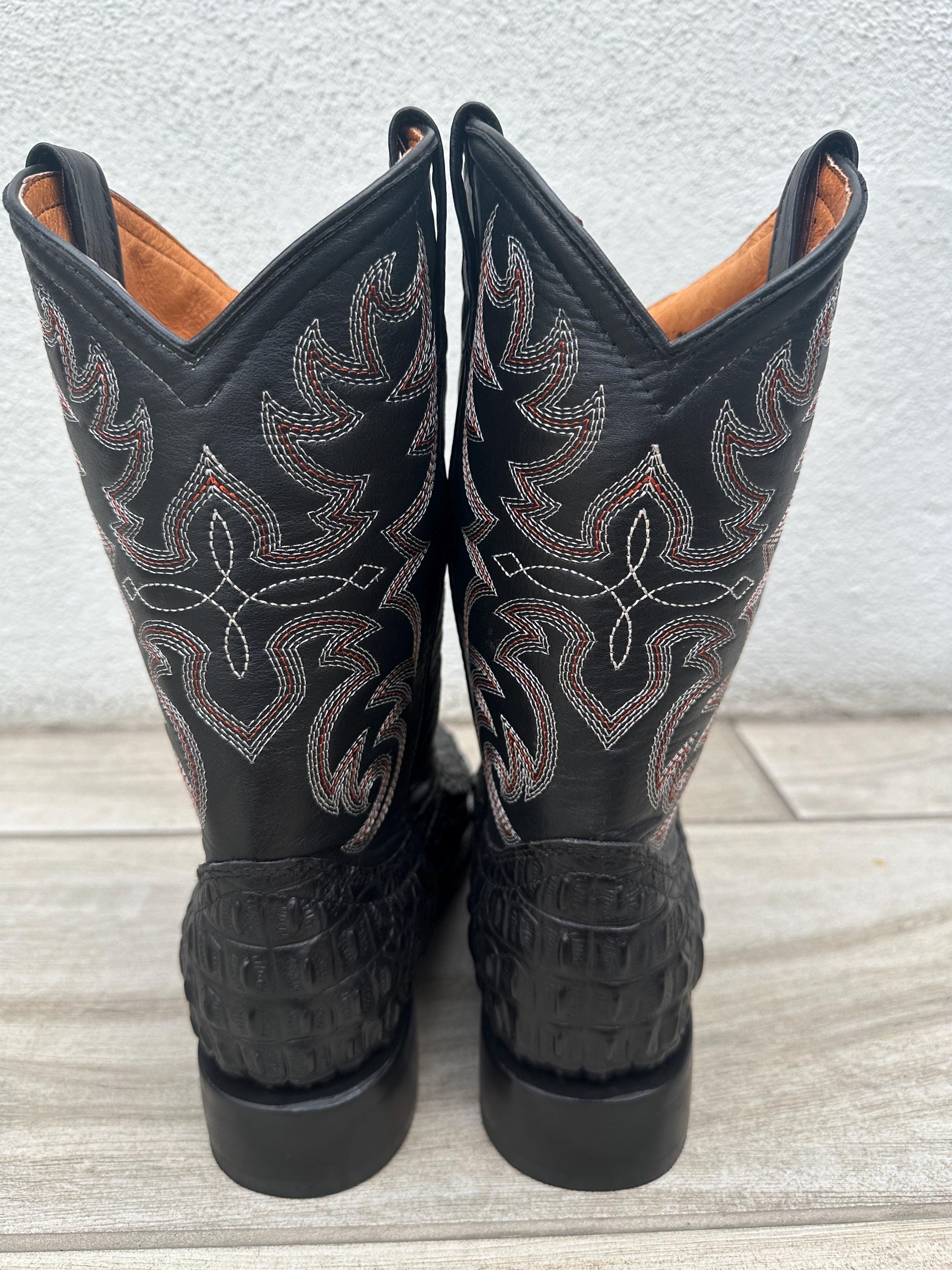 Bottes Cowboy Homme Ferrini Bout Carré En Cuir Brodé Noir - Occasion, Style Western