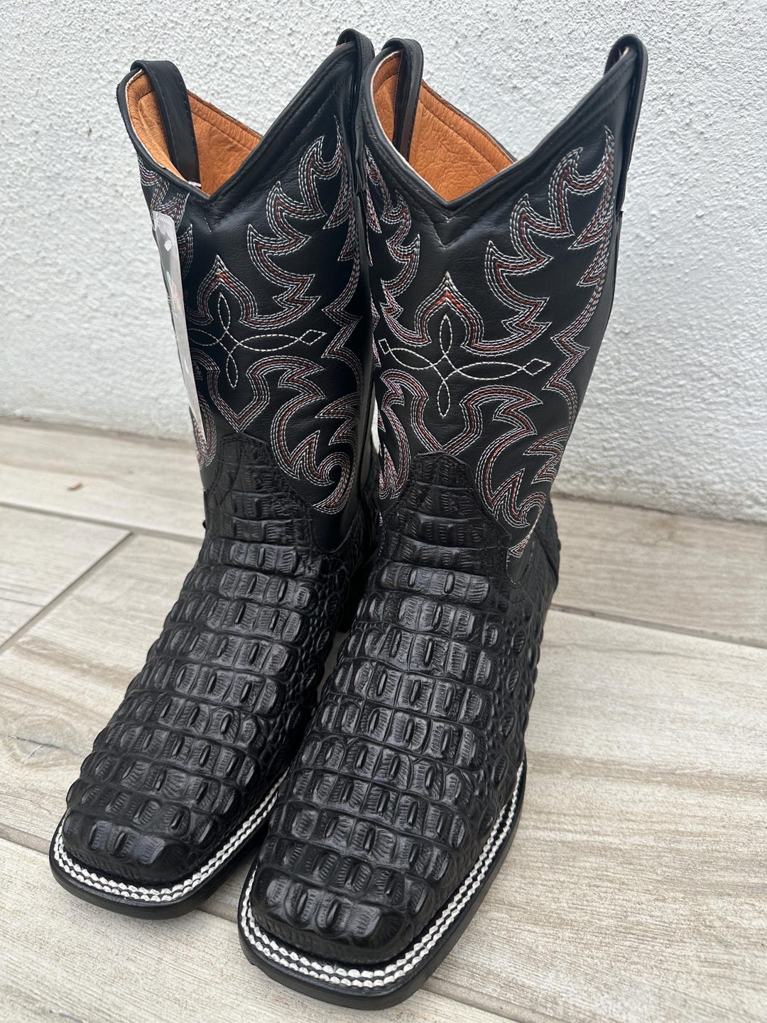 MENS COWBOY Boots Black Crocodile Genuine Leather Square