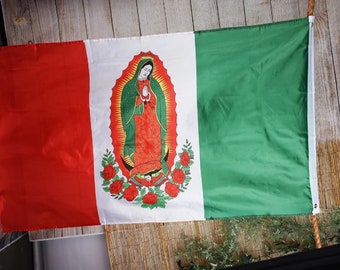 Mexico flag with Virgen Mary Bandera Mexicana con Virgen de Guadalupe 3x5 feet big
