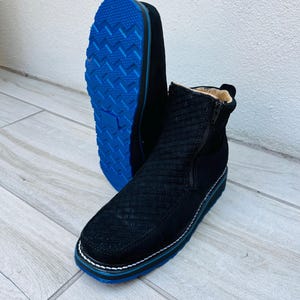 Bottes de travail pour hommes, bottes à fond bleu, bottes en nubuck noir Petatillo à double fermeture éclair, bout carré Botín Vaquero Botas de Trabajo