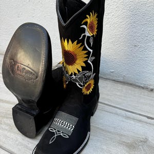DAMES COWGIRL Laarzen Authentieke Zonnebloem Western Cowgirl Vierkante Neus Zwarte Nubuck Laarzen Rodeo Laarzen
