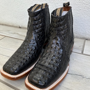 Botas masculinas de cowboy, couro legítimo de crocodilo preto, bico quadrado, cano curto, bota Chelsea Lomo Nilo, sola de couro preto