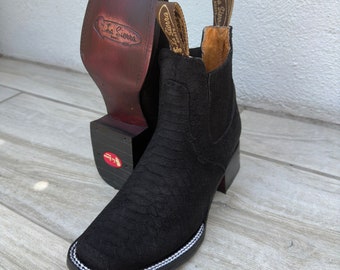FRAUEN COWGIRL Stiefel Schwarz Nubuk Schlangenhaut Quadrat Toe Halb Stiefel Boutines Pythonschlange
