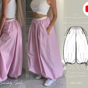 May include: Light pink oversized baggy pants with a white waistband and pockets. The pants are paired with a white crop top and white sneakers. The image includes a PDF sewing pattern with the text "GROOVE Oversized Baggy Pants".