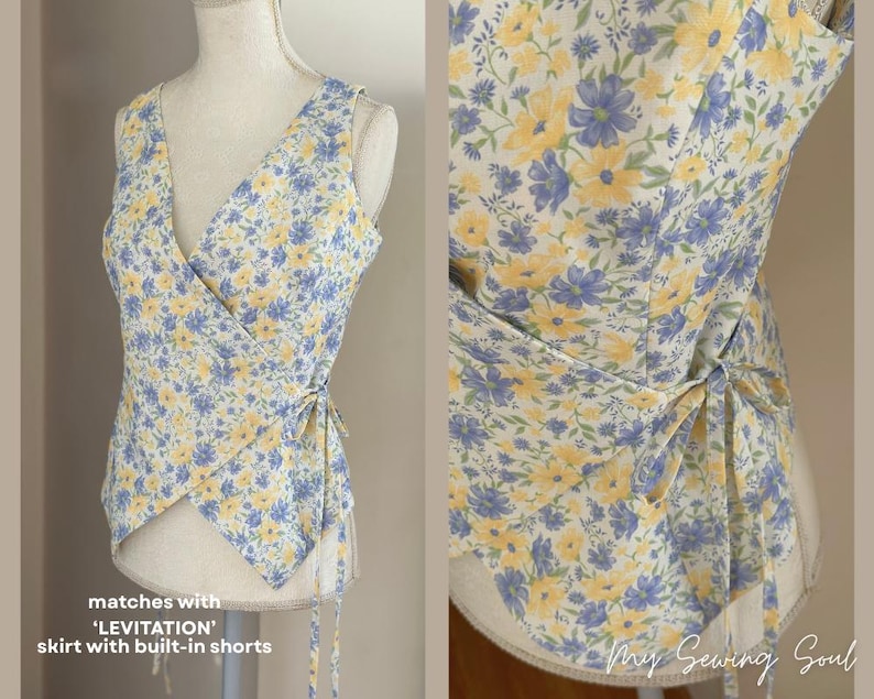 May include: A sleeveless wrap top with a floral pattern of yellow and blue flowers on a cream background. The top has a V-neck and ties at the side. The text on the image says "matches with 'LEVITATION' skirt with built-in shorts."