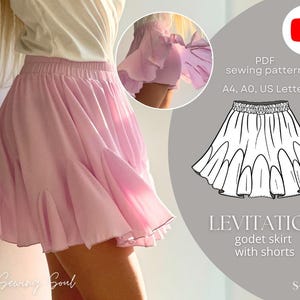 Op de afbeelding: Een naaipatroon voor een roze godetrok met shorts. Het patroon is verkrijgbaar in de maten S-4XL en bevat instructies voor het naaien van de rok en de shorts. Het patroon is verkrijgbaar in de formaten A4, A0 en US Letter. Het patroon is beschikbaar als PDF-download.