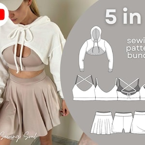 May include: A 5 in 1 sewing pattern bundle for a crop top, bra, skirt, and shorts. The pattern includes a hooded crop top, a sports bra with criss-cross straps, a pleated skirt, and a pair of shorts.
