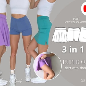 Op de afbeelding: Een digitaal naaipatroon voor een 3-in-1 rok met shorts. Het patroon bevat een paarse, turquoise en witte rok met bijpassende shorts. Het patroon is verkrijgbaar in de maten XS-XXXL. De afbeelding bevat ook een YouTube-pictogram.