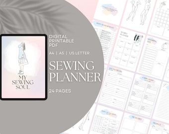 May include: A digital printable sewing planner with 24 pages. The cover features a light blue and pink gradient background with a line drawing of a woman holding a bag. The text "My Sewing Soul" is in the center of the cover. The planner includes pages for body measurements, yearly planner, shopping list, fabric stash, sewing machine needle log, swatches, and projects.