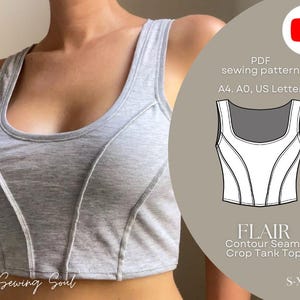 May include: A light gray crop tank top with a scoop neckline and contour seams. The image also features a PDF sewing pattern for the "FLAIR Contour Seam Crop Tank Top" in sizes S-XXXL. The text "My Sewing Soul" is at the bottom.