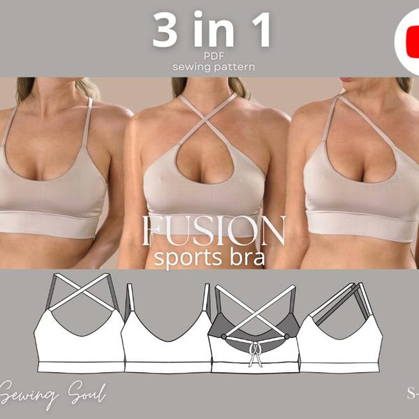 May include: A digital sewing pattern for a sports bra with three different styles. The pattern includes instructions for a cross-back style, a scoop neck style, and a style with a cutout in the front. The pattern is available in sizes S-3XL. The pattern is called "Fusion Sports Bra" and is available from "My Sewing Soul".
