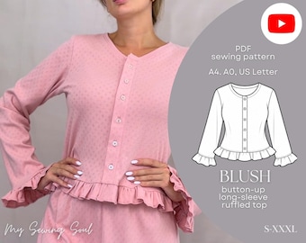 May include: A light pink long-sleeve button-up top with a textured fabric, a round neckline, and ruffled cuffs and hem. The image includes a technical line drawing of the garment with text: PDF sewing pattern A4, A0, US Letter, BLUSH.