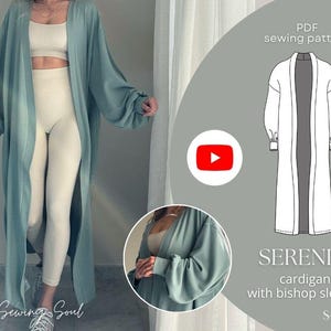 Può includere: Un cartamodello PDF per un cardigan lungo color azzurro chiaro con maniche a vescovo. Il cartamodello si chiama "Serenity" ed è disponibile nelle taglie S-3XL.