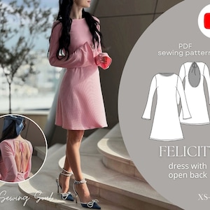 Puede incluir: Un vestido rosa con la espalda descubierta y mangas largas. El vestido tiene un corpiño ajustado y una falda acampanada. El vestido se muestra en una modelo de pie en un conjunto de escaleras. La imagen también incluye un dibujo de línea del vestido, mostrando el detalle de la espalda. El texto "FELICITY vestido con espalda abierta XS-XXXL" también está incluido en la imagen.