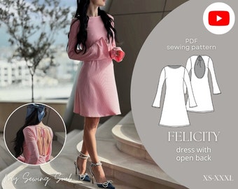 May include: A pink dress with a low back and long sleeves. The dress has a fitted bodice and a flared skirt. The dress is shown on a model standing on a set of stairs. The image also includes a line drawing of the dress, showing the back detail. The text "FELICITY dress with open back XS-XXXL" is also included in the image.