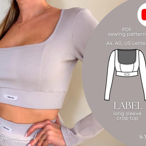 Long Sleeve Crop Top Sewing Pattern PDF | Fitted Crop Top Pattern | Beginner Sewing Pattern | Sizes S-3XL | DIY Top Pattern