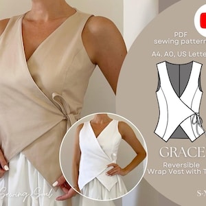 Reversible Wrap Vest Sewing Pattern PDF | “Grace” Women’s Vest with Ties | A0 A4 US Letter | Beginner Sewing Project | Sizes S-3XL